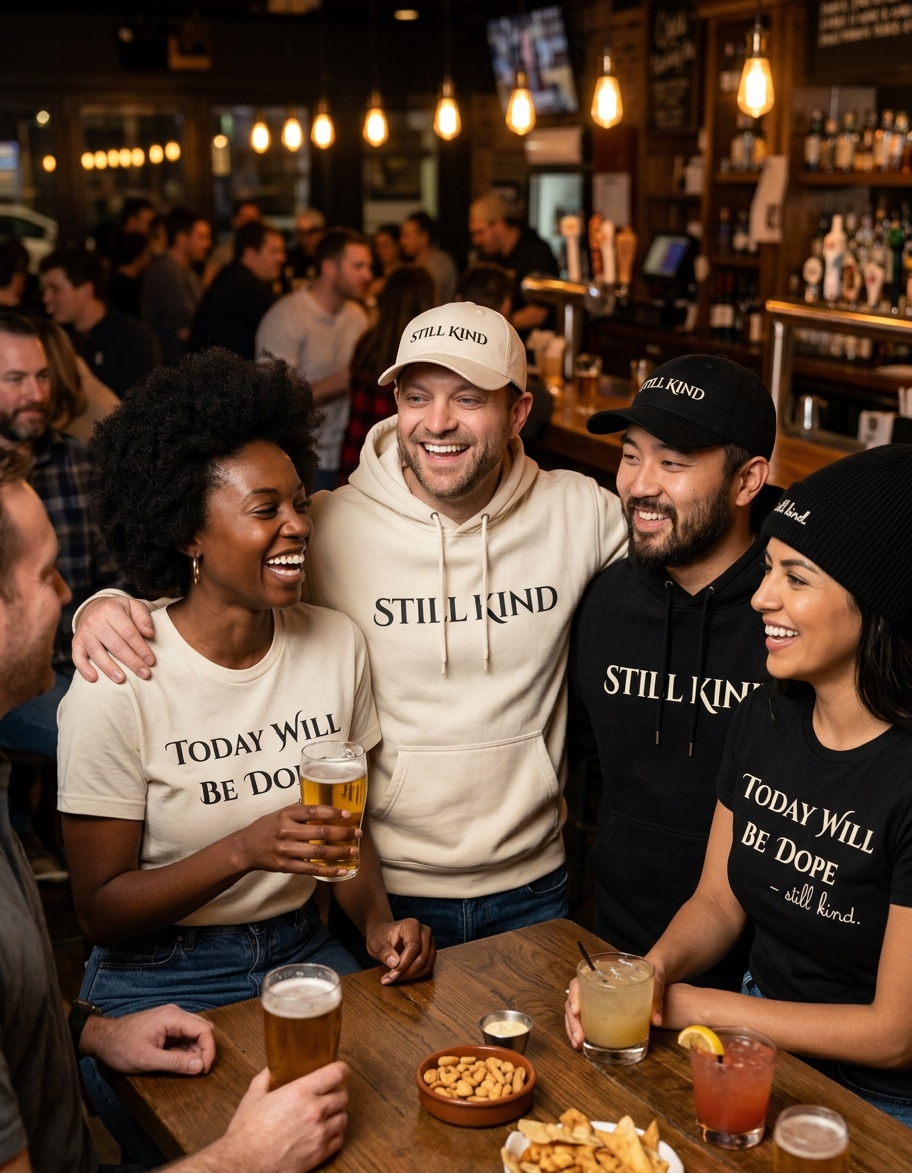 Friends together wearing Still Kind tees, hoodies, hats and a beanie