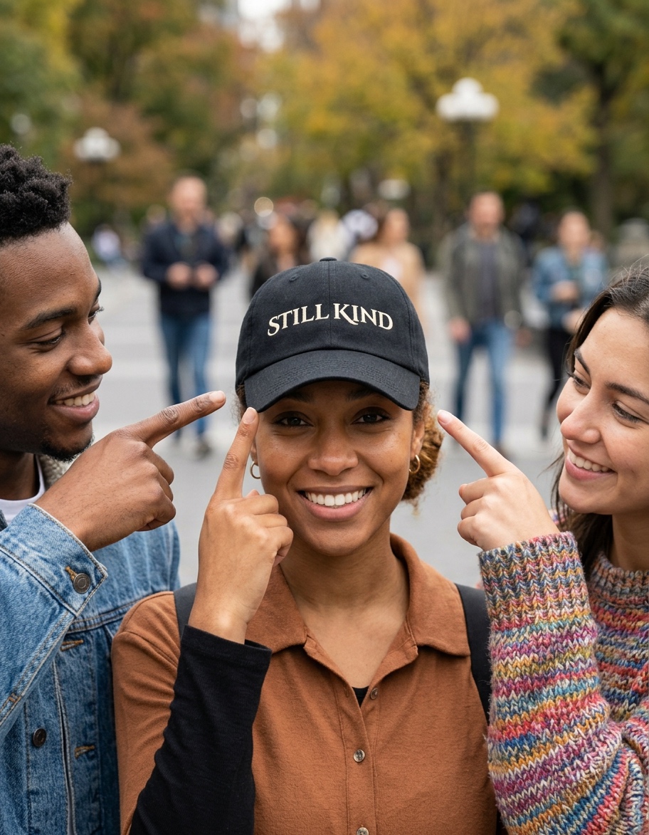 Black Still Kind cap worn outdoors with friends