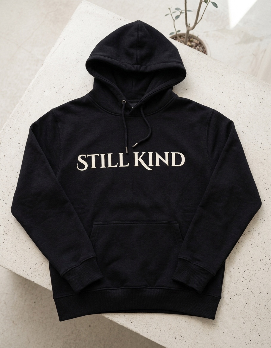 Black Still Kind hoodie, flat lay