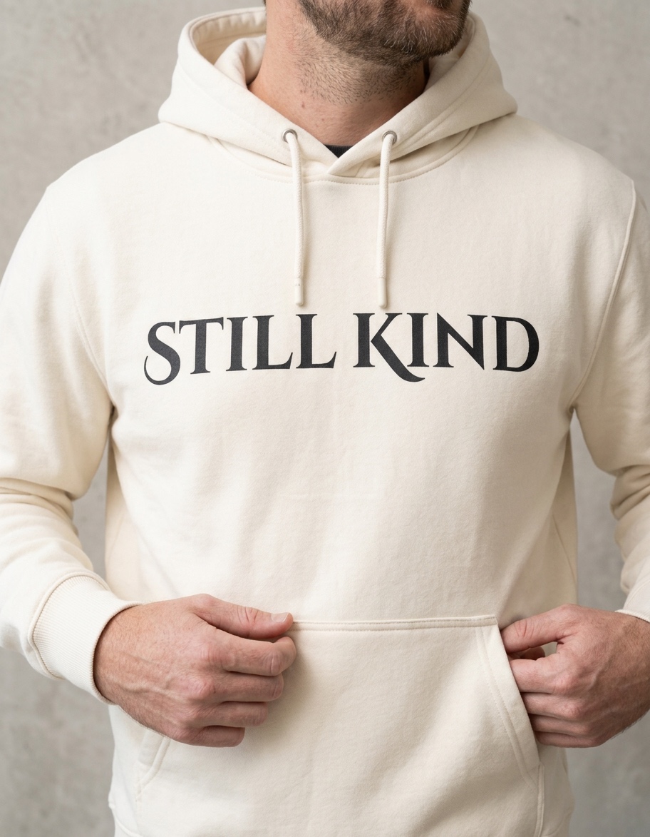 Cream Still Kind hoodie showing the chest design